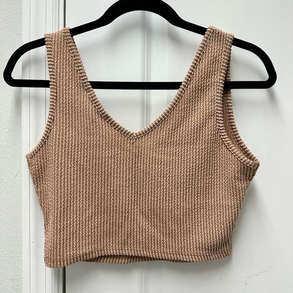 All Saints Ribbed Knit Crop Tank Top Taupe Brown V Neck Size M Minimalist Cozy - Picture 3 of 5